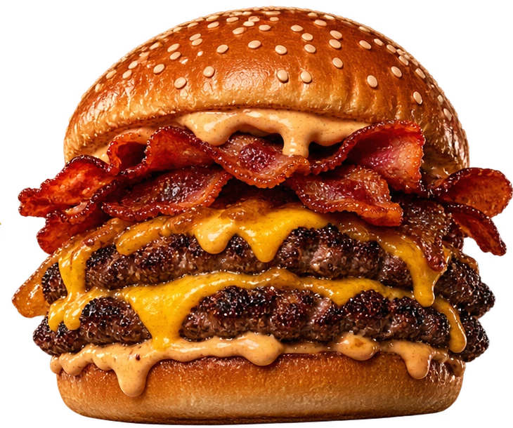 Bacon Melt: burger duplo com queijo derretido e bacon.