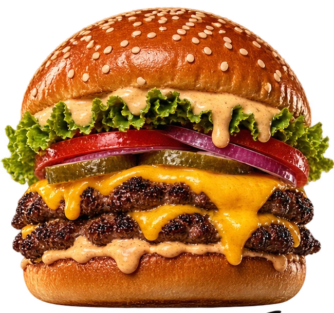 Classic Bite: burger duplo com queijo e salada.