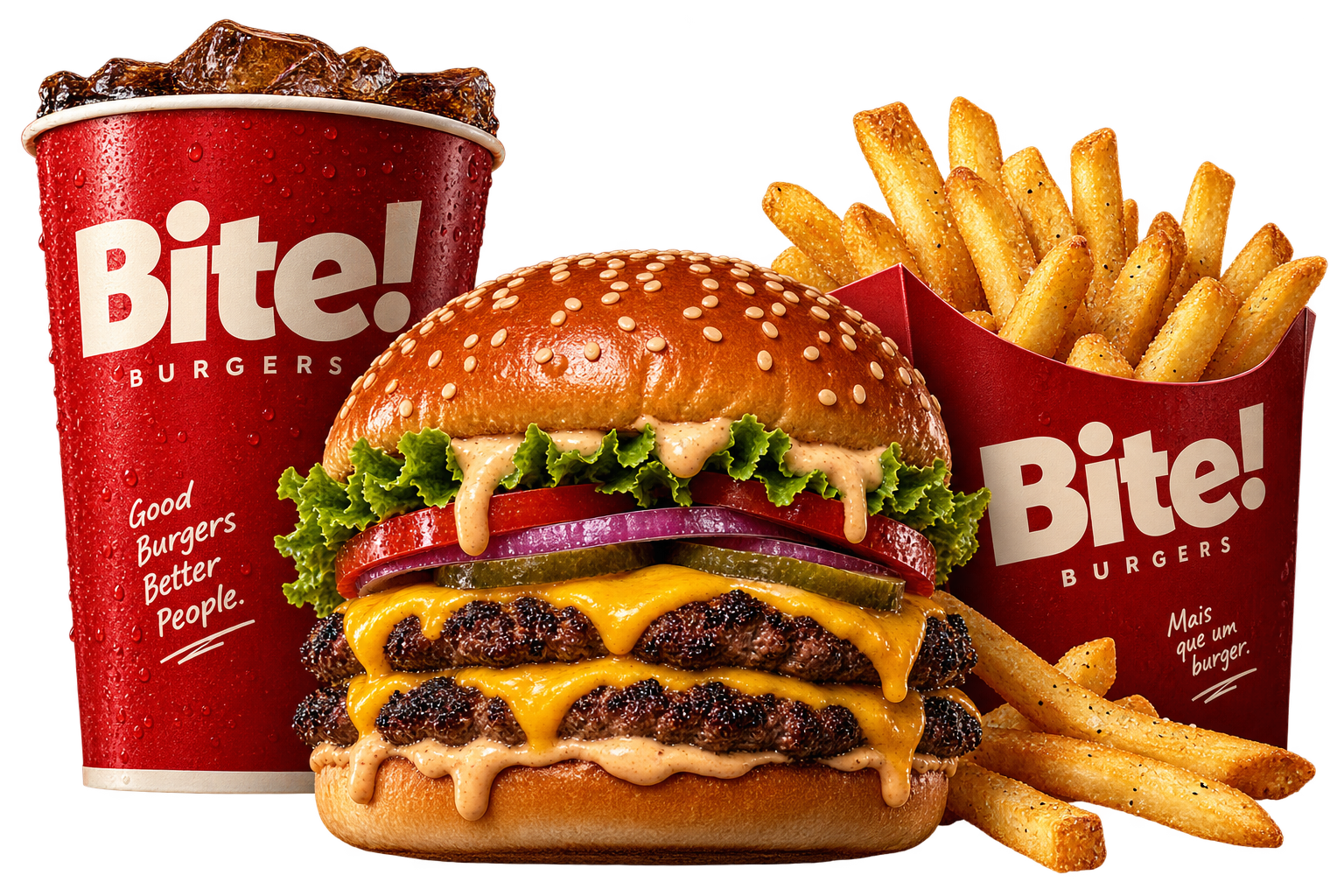 Combo Bite! com burger duplo, batatas douradas e bebida no copo vermelho da marca.