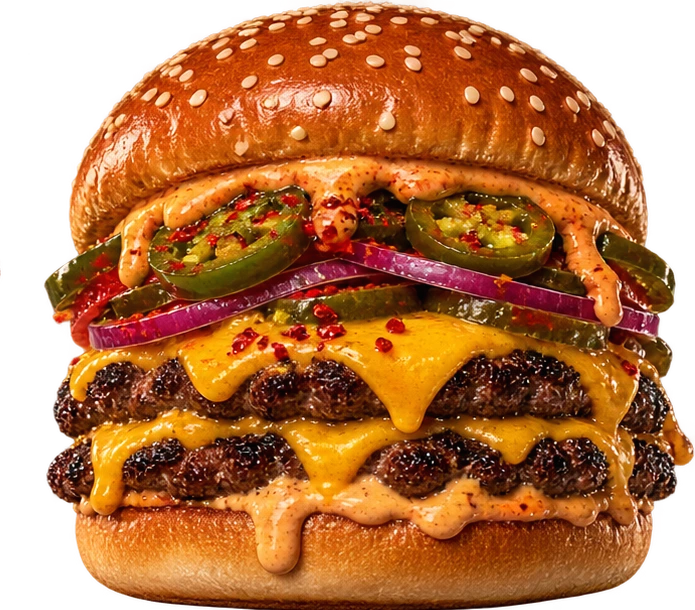 Fire Bite: burger duplo com queijo, jalapeños e molho picante.