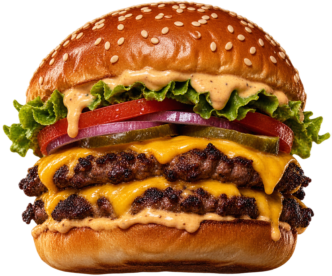 Burger duplo com queijo derretido, alface, tomate, cebola roxa, picles e molho no pão com gergelim.