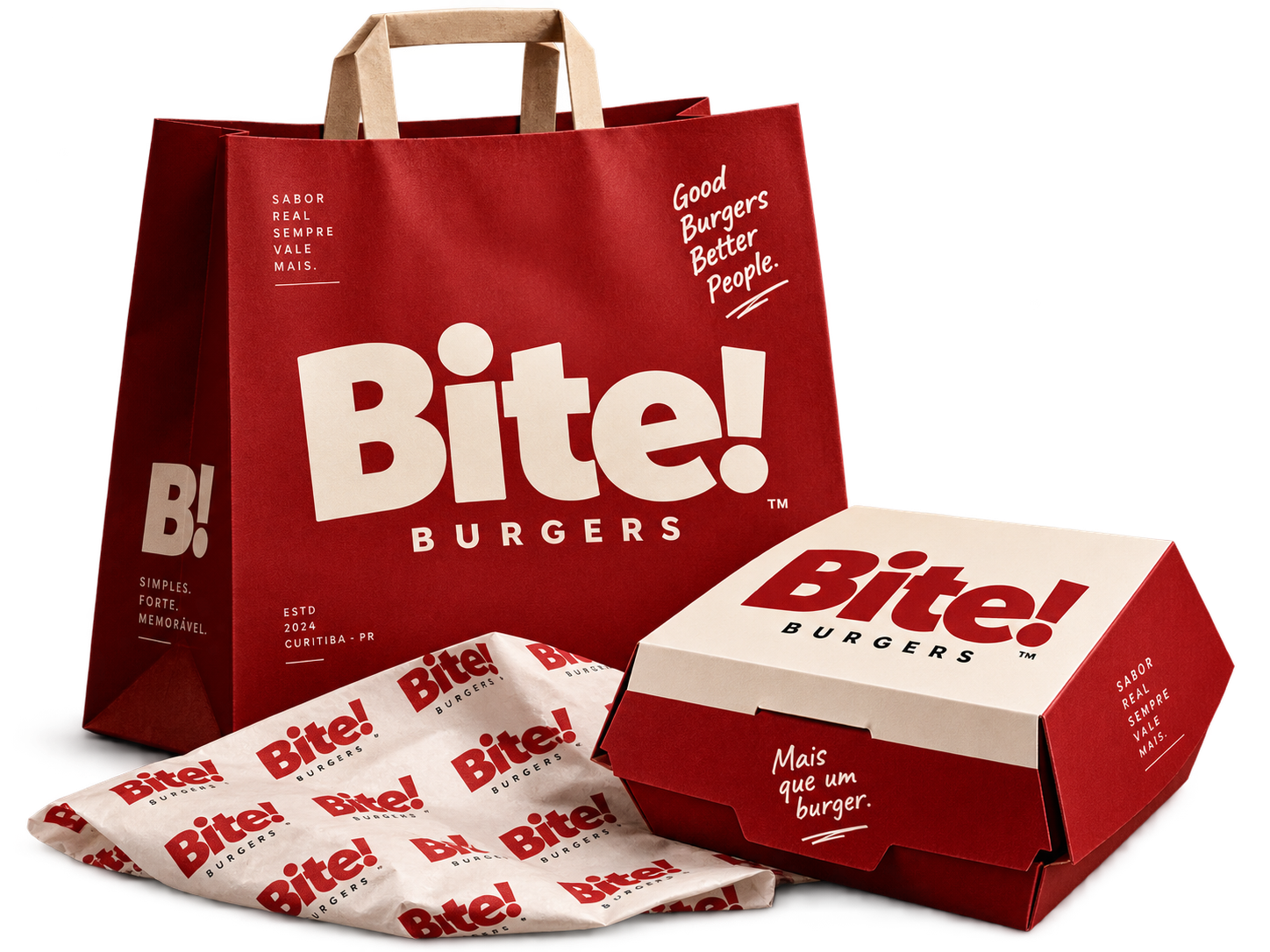 Sacola, caixa e papel de embalagem Bite! nas cores vermelho e creme.